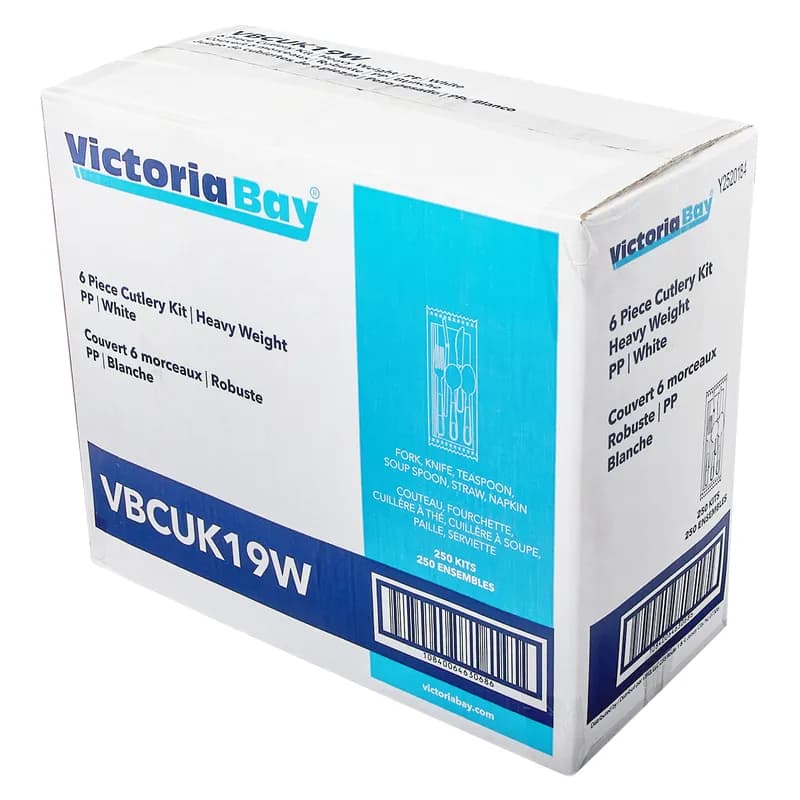 Victoria Bay 6PC Cutlery Kit PP White Heavyweight With Napkin,Fork,Knife,Teaspoon,Soup Spoon,Flex Straw 250/Case