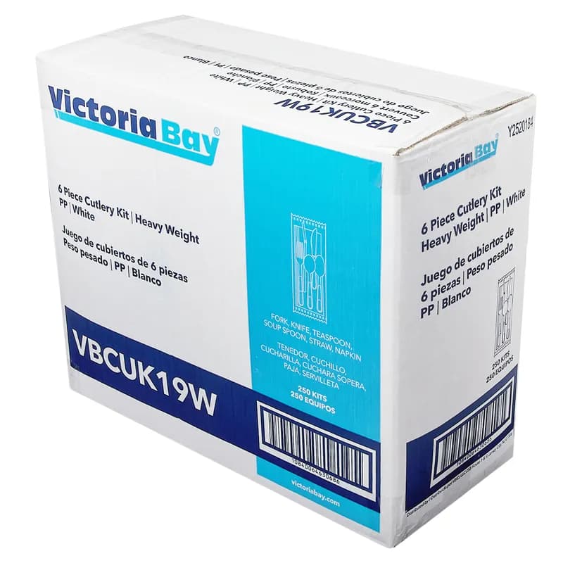Victoria Bay 6PC Cutlery Kit PP White Heavyweight With Napkin,Fork,Knife,Teaspoon,Soup Spoon,Flex Straw 250/Case