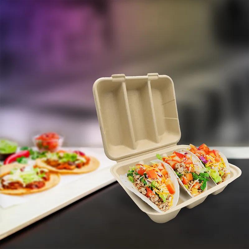 Taco Take-Out Container 8X7 IN 3 Compartment Sugarcane 200/Case