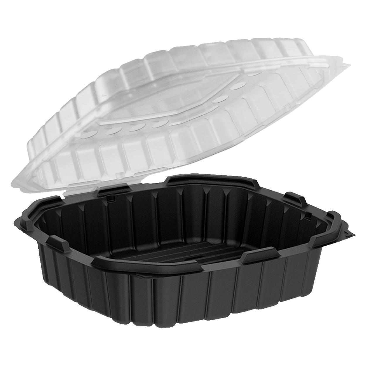 Crisp Food Technologies® Take-Out Container Hinged 10.5X9.5 IN PP Black Clear Vented 120/Case