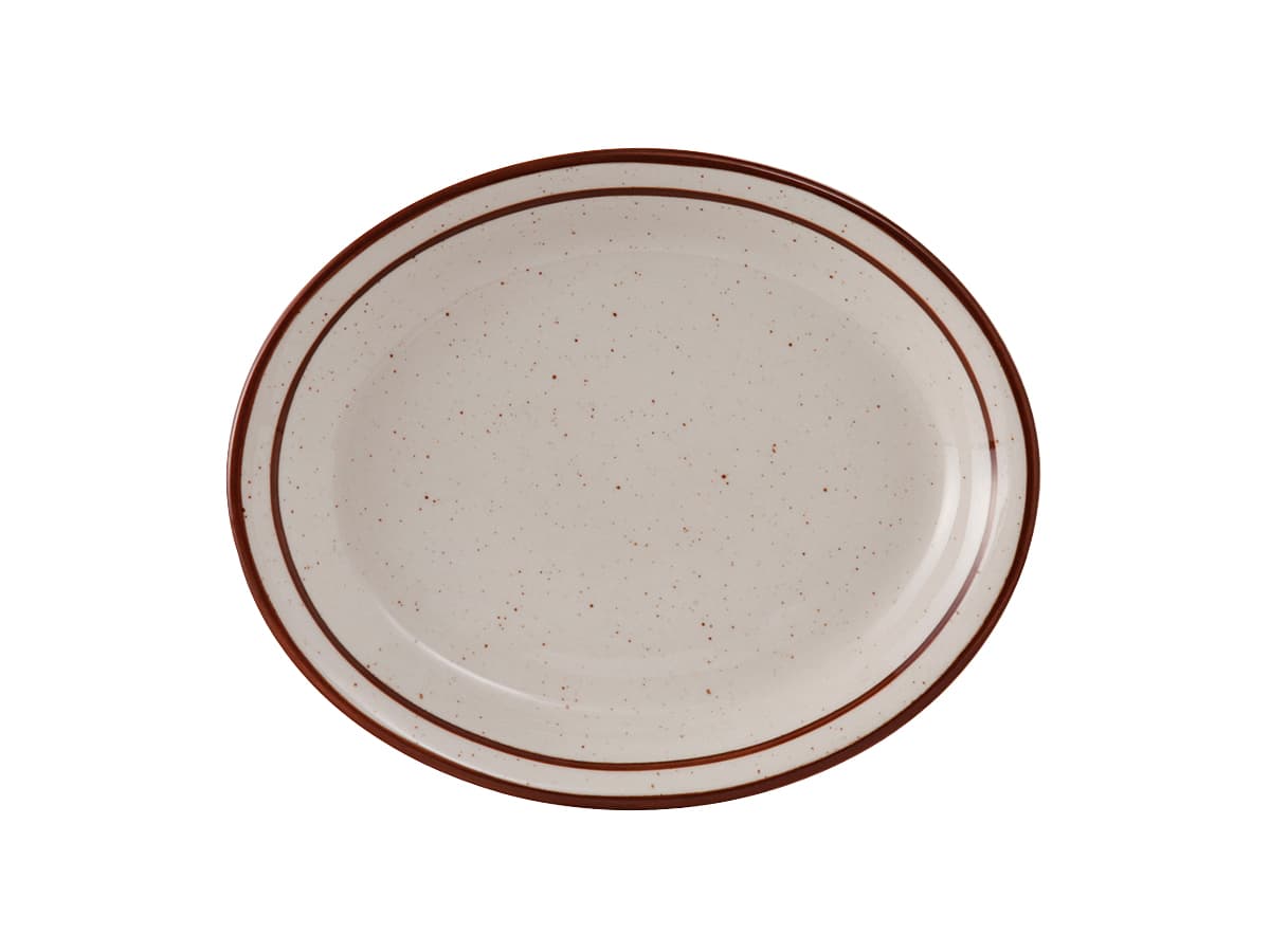 Bahamas Platter 9.5X7.5 IN China Eggshell Brown Oval Narrow Rim Speckled Fully Vitrified 24/Case
