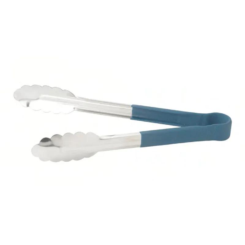 Utility Tongs 9 IN Stainless Steel Blue Heat Resistant Heavy Duty Scalloped 1/Each