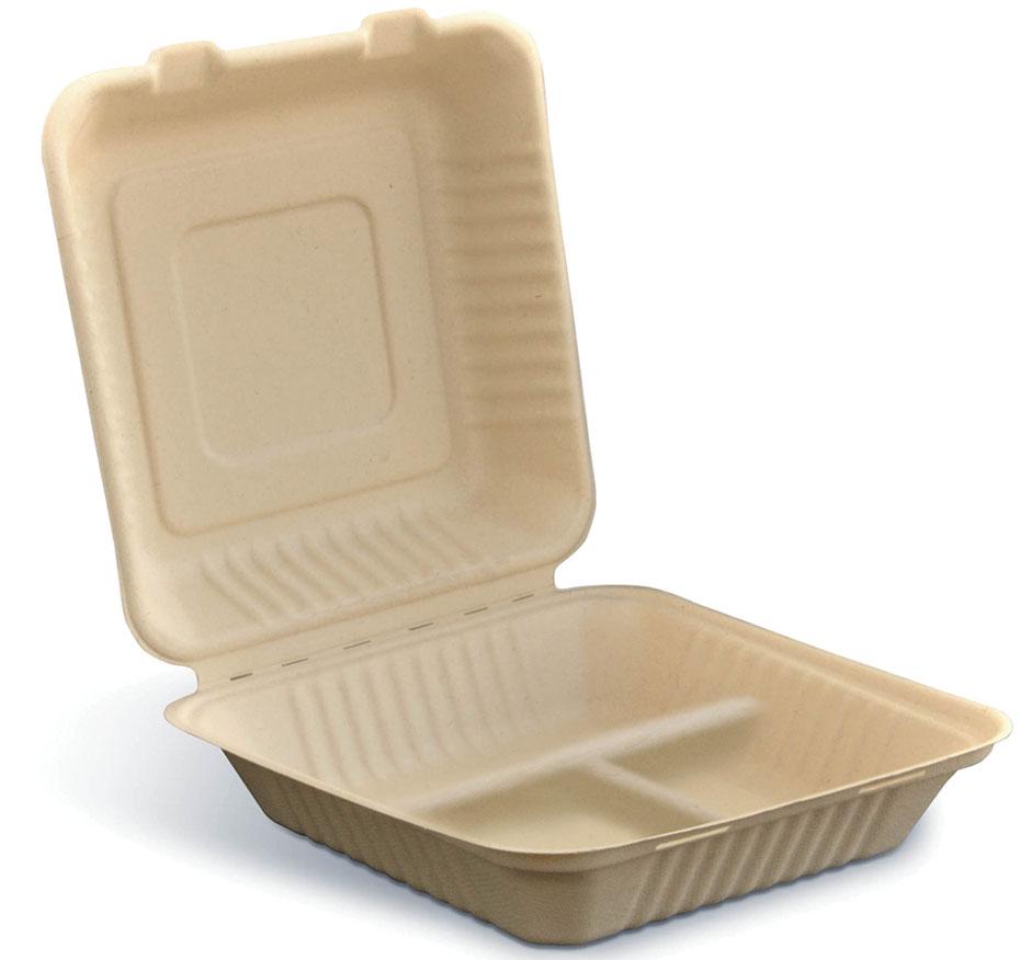 Take-Out Container Hinged 10 IN 3 Compartment Plant Fiber Heavy Duty 200/Case