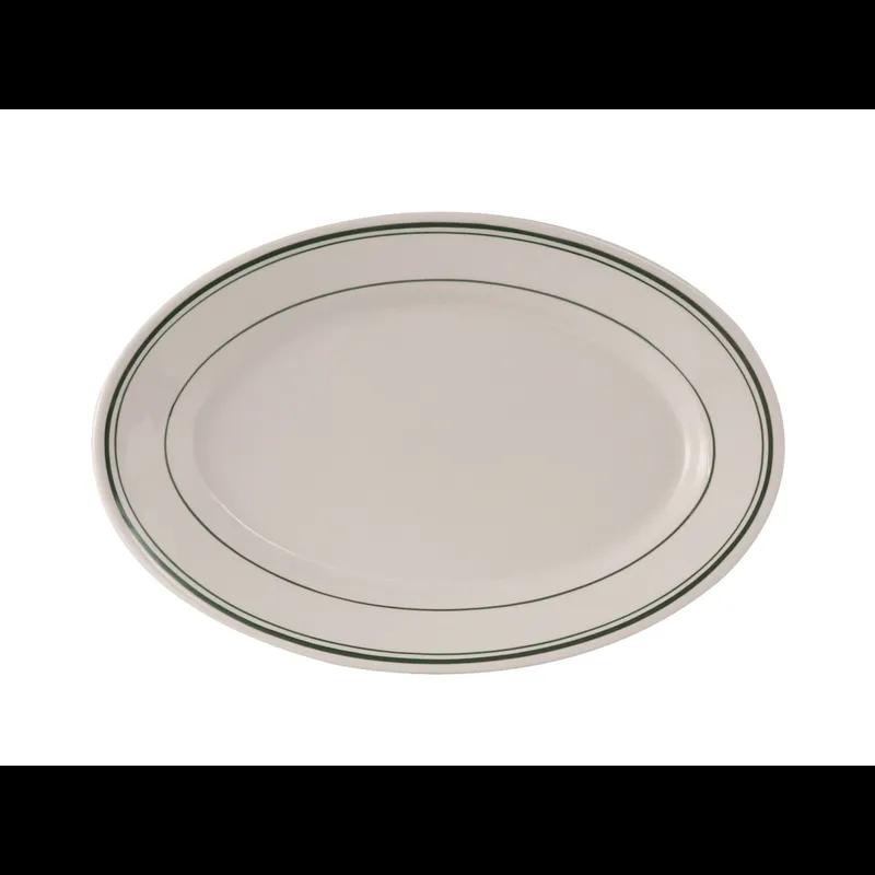 Green Bay Platter 12.625X8.75 IN China Eggshell Green Oval Rolled Edge Banded Fully Vitrified 12/Case