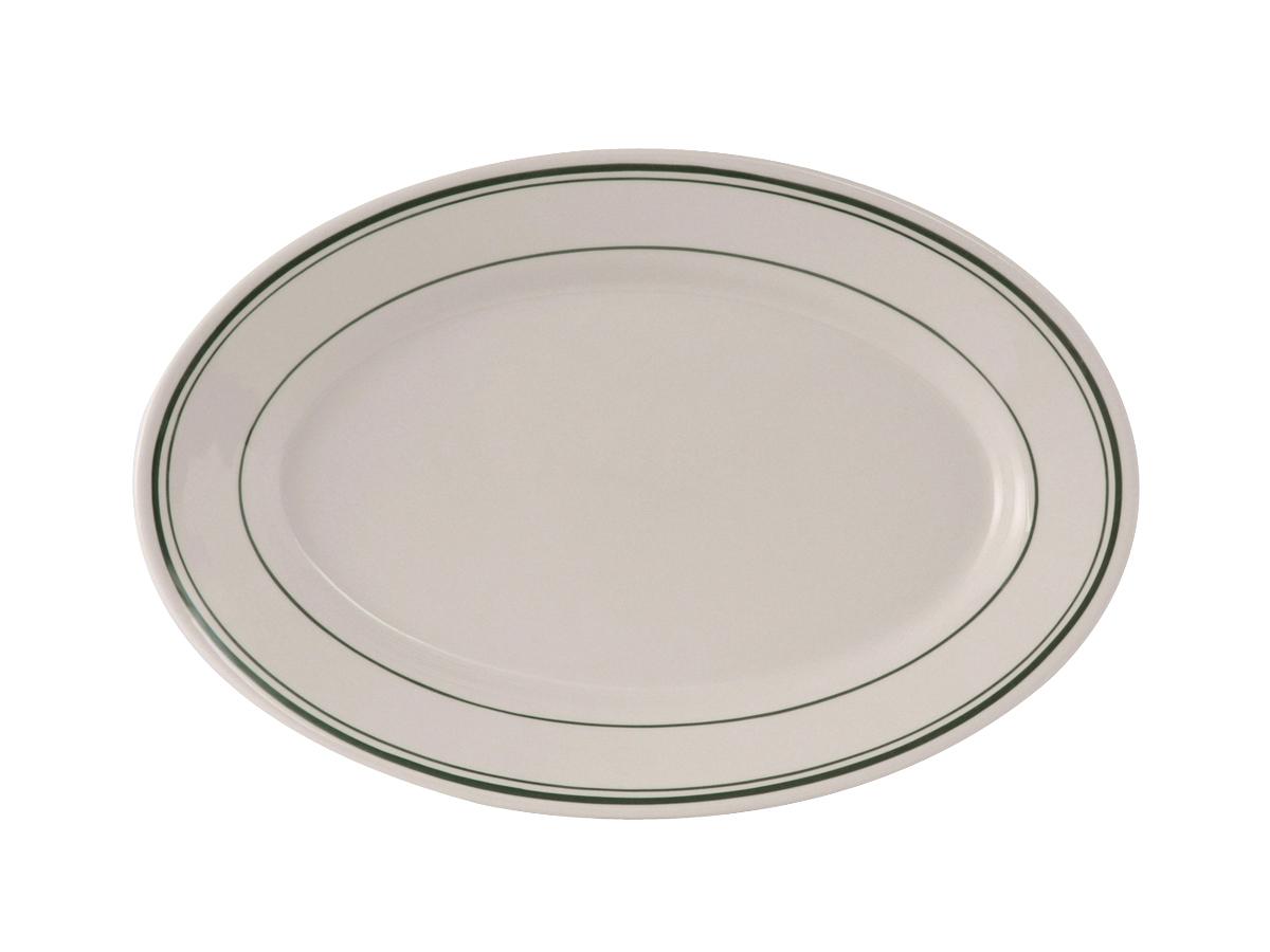 Green Bay Platter 12.625X8.75 IN China Eggshell Green Oval Rolled Edge Banded Fully Vitrified 12/Case