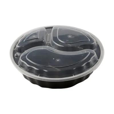 Take-Out Container Base & Lid Combo With Dome Lid 9 IN 3 Compartment Plastic Black Clear Round 150/Case