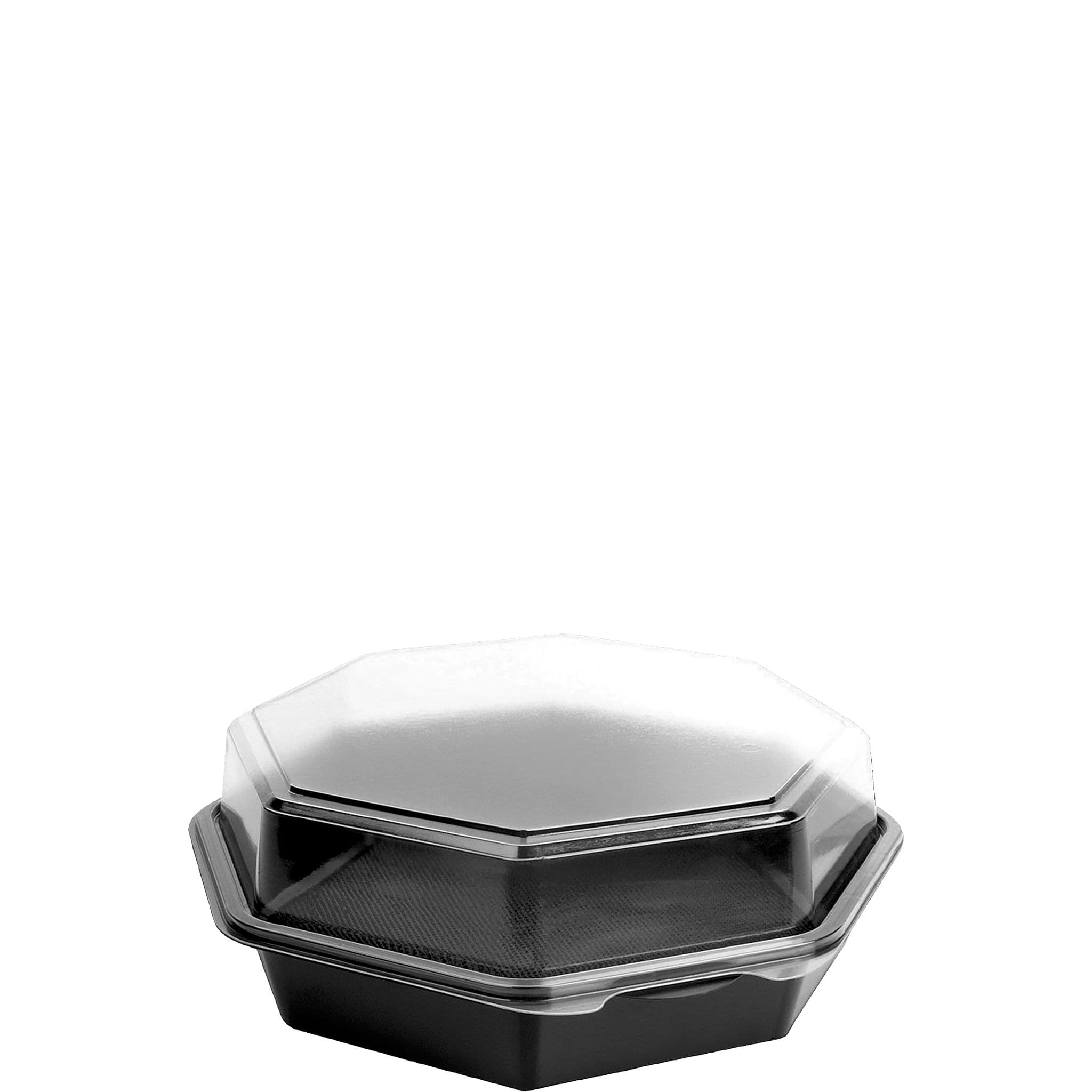 Solo® Creative Carryouts® OctaView® Take-Out Container Hinged 9.57X9.18X3.15 IN PET Black Clear Shallow Leak Resistant 100/Case