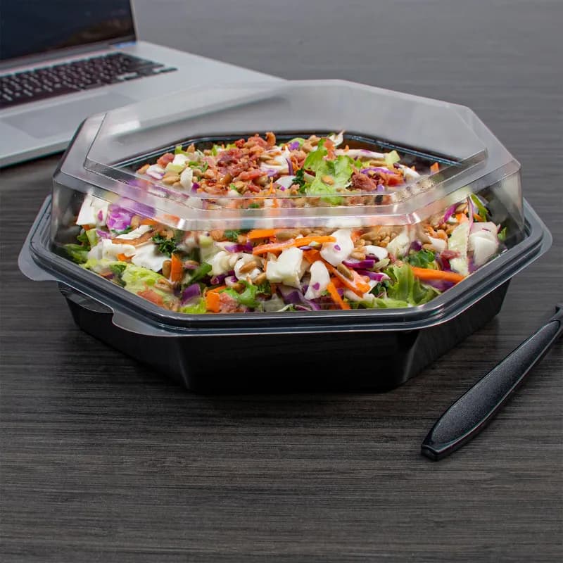 Solo® Creative Carryouts® OctaView® Take-Out Container Hinged 9.57X9.18X3.15 IN PET Black Clear Shallow Leak Resistant 100/Case