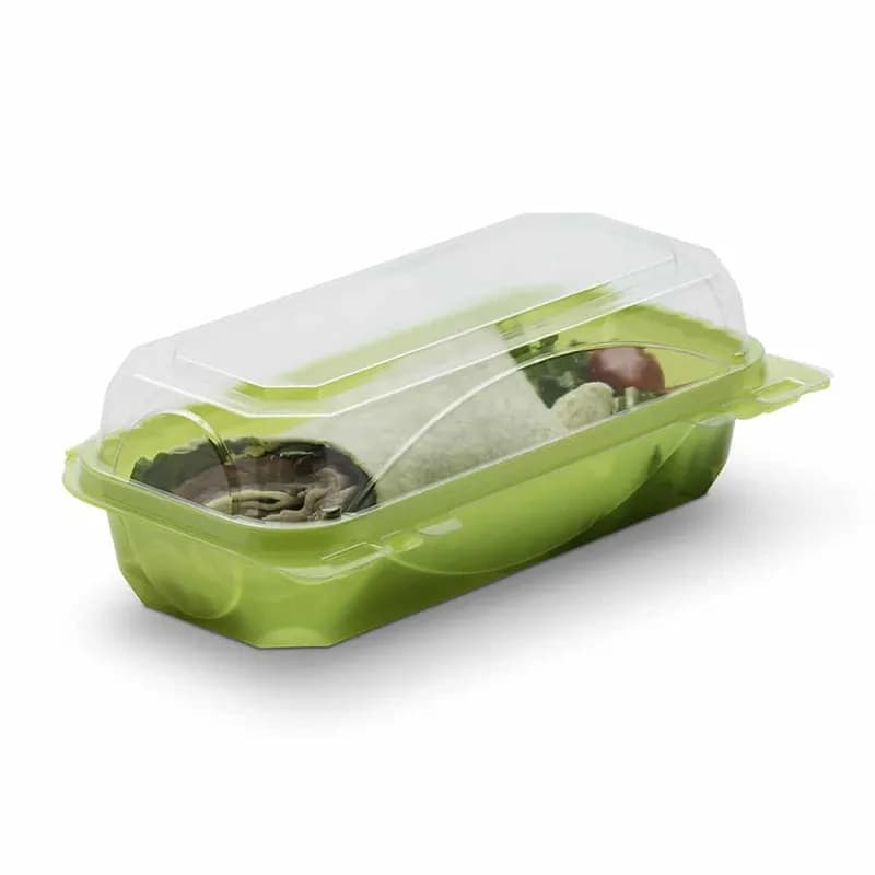 The BOTTLEBOX ® Take-Out Container Hinged With Dome Lid 8.75X4.75X2.97 IN RPET Lime Green Clear Rectangle Long 250/Case