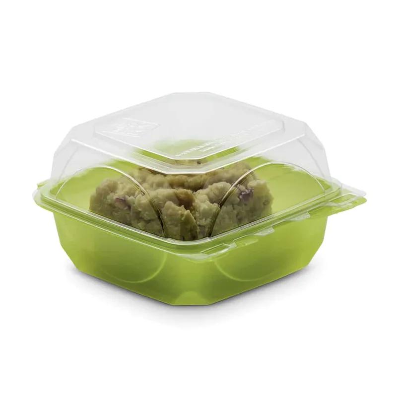 The BOTTLEBOX ® Take-Out Container Hinged With Dome Lid 6X6X3.25 IN RPET Green Clear Square Squat 250/Case