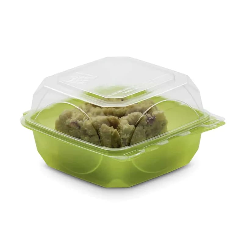 The BOTTLEBOX ® Take-Out Container Hinged With Dome Lid 6X6X3 IN RPET Lime Green Clear Square Squat 250/Case