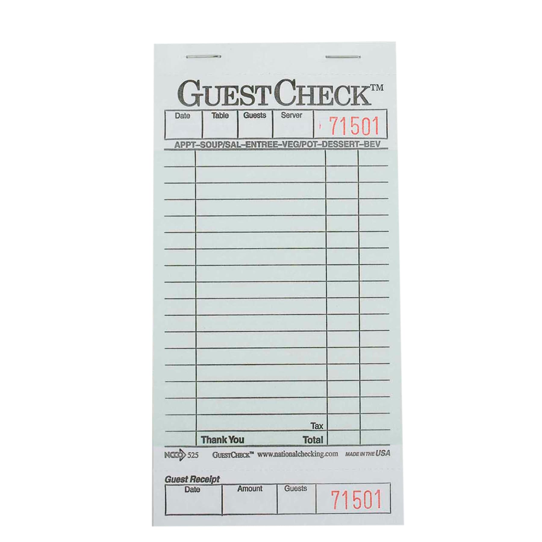 Guest Check 3.313X6.25 IN Green Single 1/Case