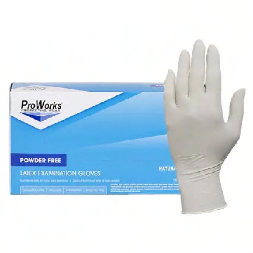 ProWorks® Examination Gloves Small (SM) 9.5 IN Natural 5MIL Micro Texture Latex Powder-Free Beaded Cuff 100/Box