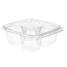 Safe-T-Fresh® Deli Container Hinged With Flat Lid 18 OZ 4 Compartment RPET Clear Square Tamper-Evident 252/Case