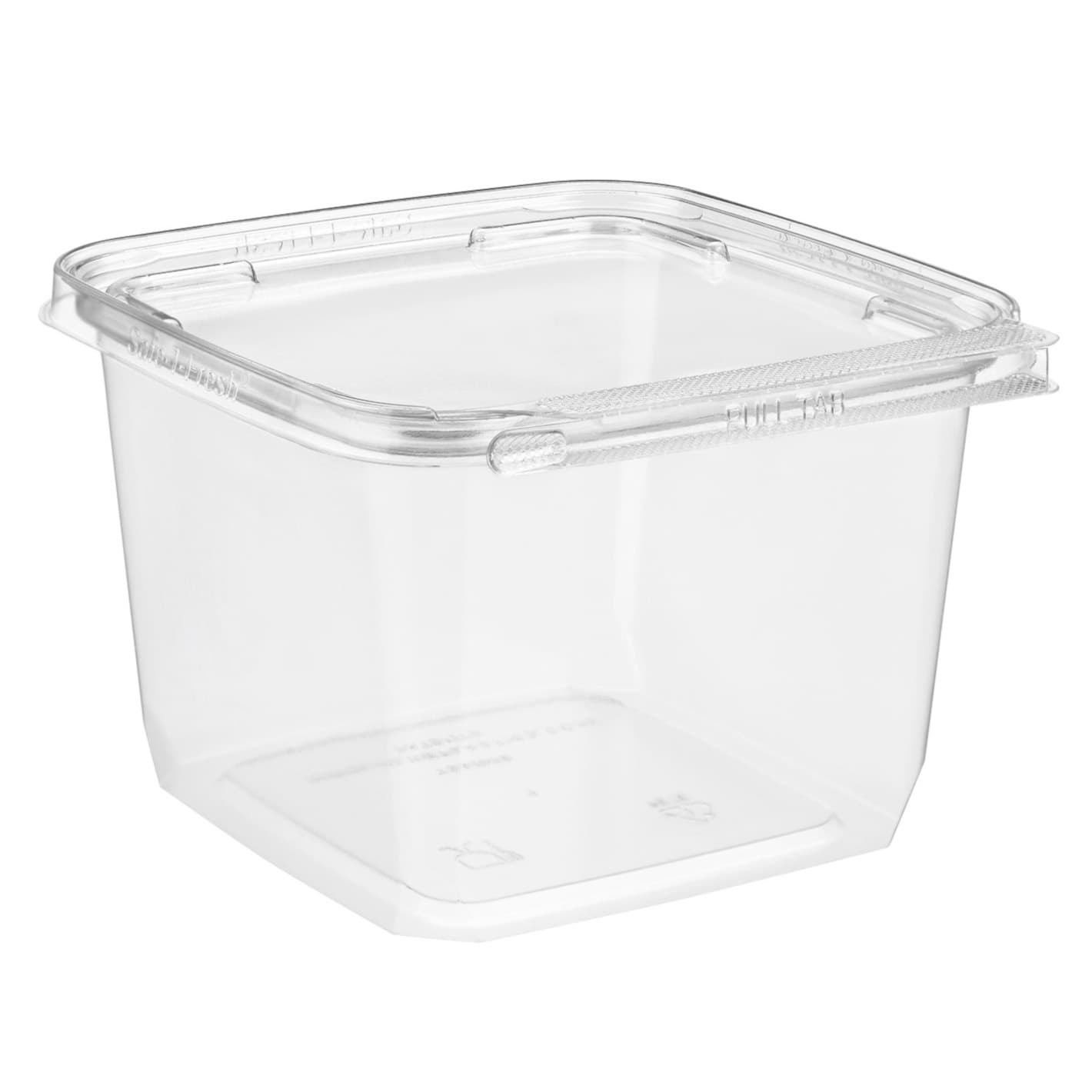 Safe-T-Fresh® Deli Container Hinged With Flat Lid 48 OZ PET Clear Square Tamper-Evident 216/Case