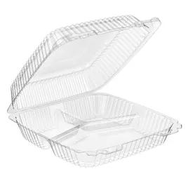 Essentials Take-Out Container Hinged With Dome Lid 9X9X3 IN 3 Compartment RPET Clear Rectangle 200/Case