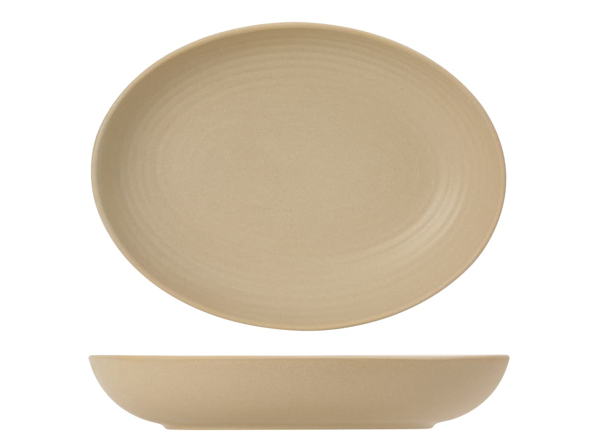TuxTrendz Zion Bowl 8X10.75X1.875 IN 35 OZ China Matte Beige Oval Fully Vitrified Embossed 12/Case
