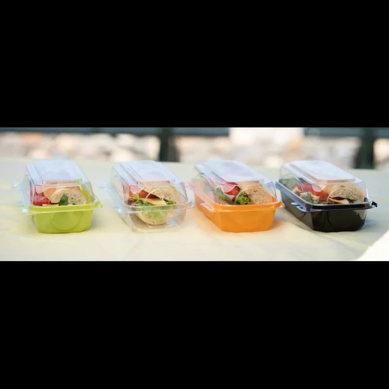 The BOTTLEBOX ® Take-Out Container Hinged 8.6X6.6X2.8 IN RPET Red Clear Rectangle 250/Case