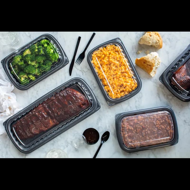 Half Rib Take-Out Container Base & Lid Combo 34.3 OZ MFPP OPS Black Clear Rectangle 90/Case
