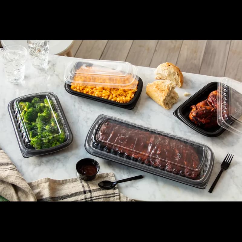Half Rib Take-Out Container Base & Lid Combo 34.3 OZ MFPP OPS Black Clear Rectangle 90/Case