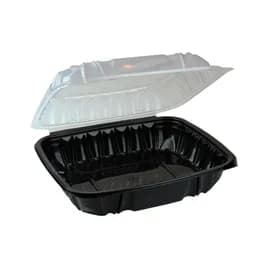 Take-Out Container Hinged 10.5X9.673X3.646 IN PP Black Clear 2-Color Vented 144/Case