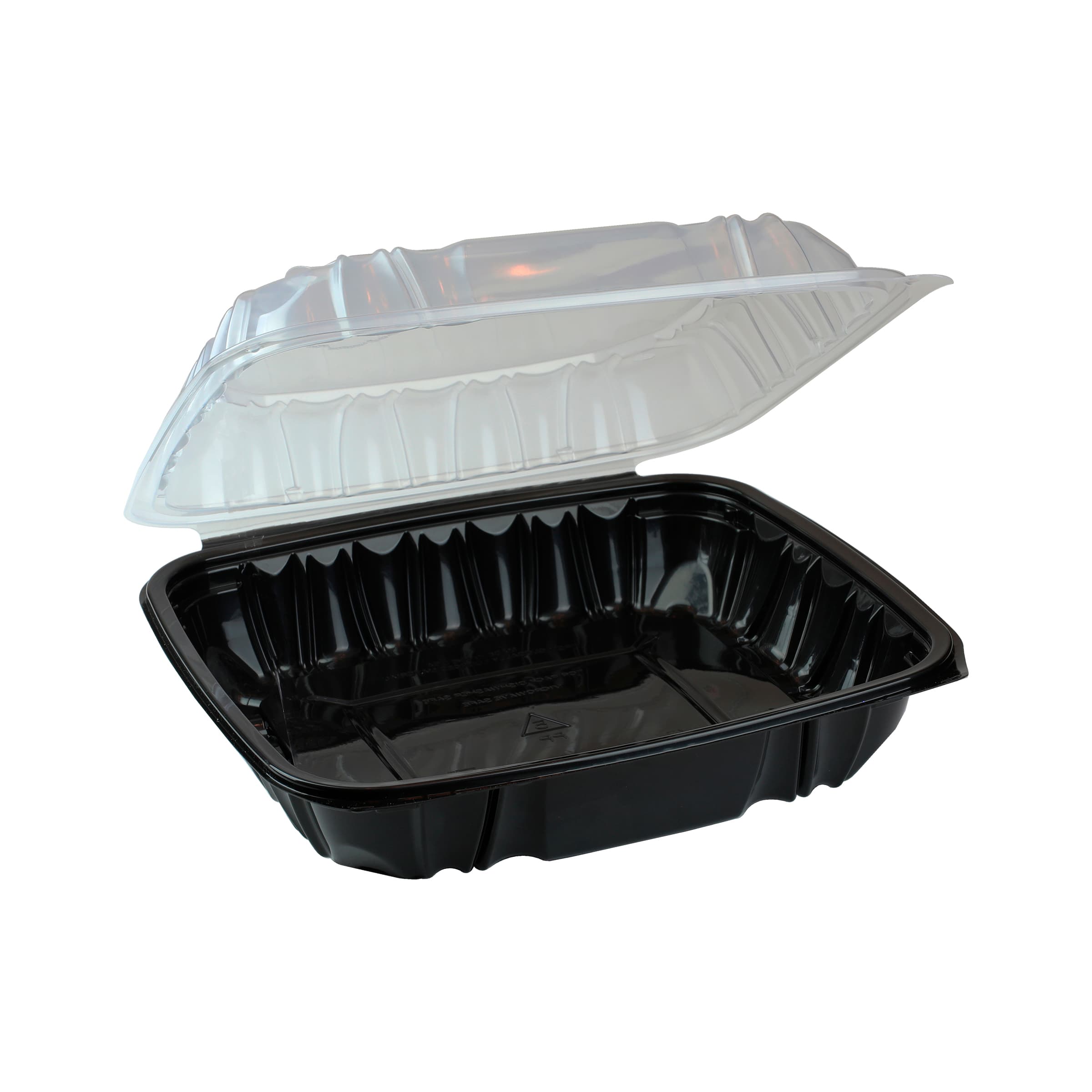 Take-Out Container Hinged 10.5X9.673X3.646 IN PP Black Clear 2-Color Vented 144/Case