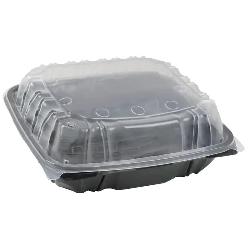 Take-Out Container Hinged 10.5X9.673X3.646 IN PP Black Clear 2-Color Vented 144/Case