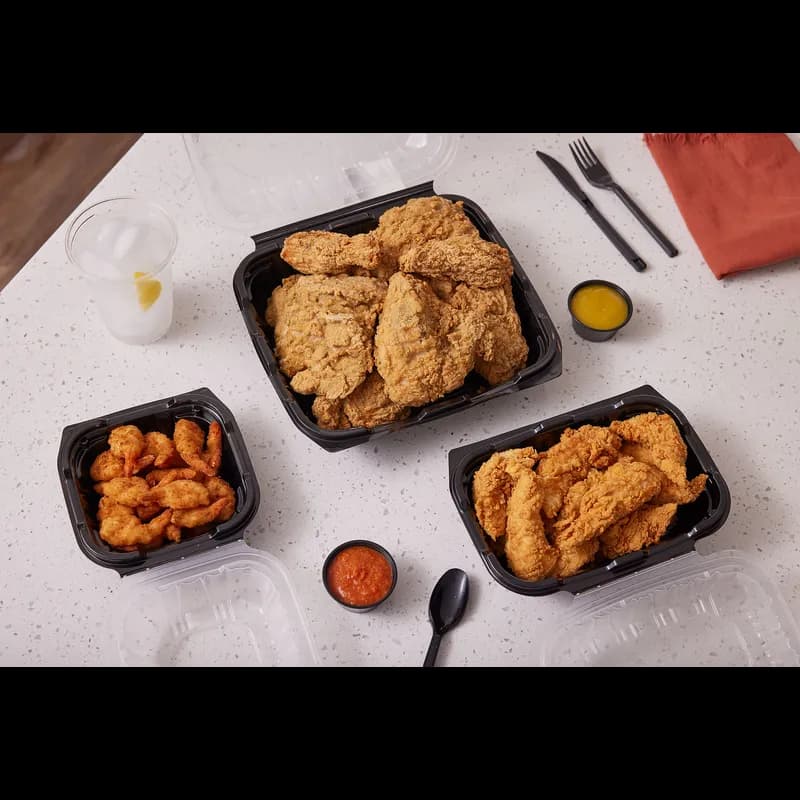 Take-Out Container Hinged 10.5X9.673X3.646 IN PP Black Clear 2-Color Vented 144/Case