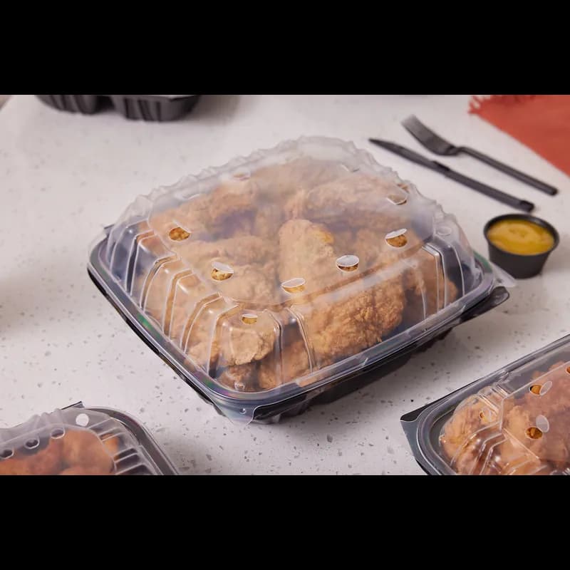 Take-Out Container Hinged 10.5X9.673X3.646 IN PP Black Clear 2-Color Vented 144/Case