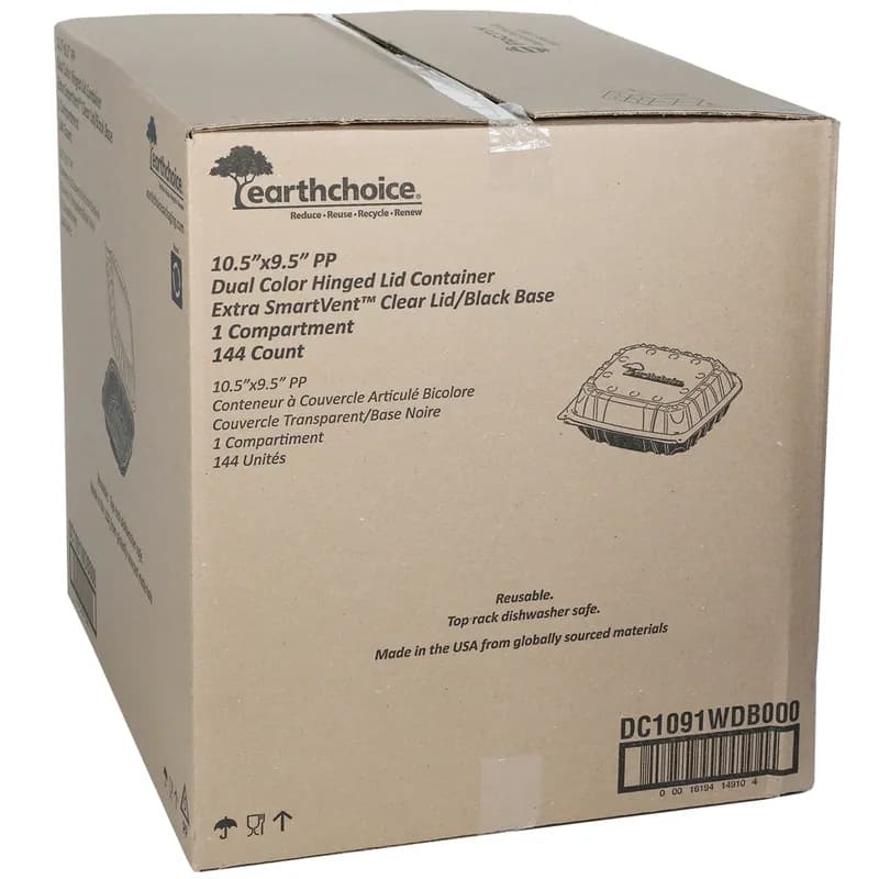 Take-Out Container Hinged 10.5X9.673X3.646 IN PP Black Clear 2-Color Vented 144/Case