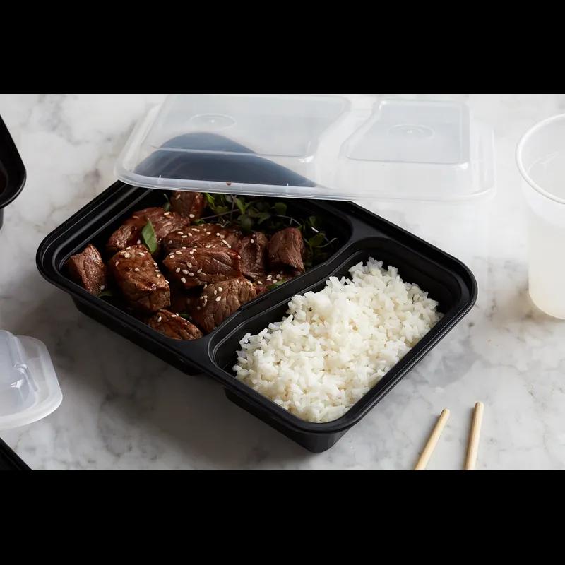Take-Out Container Base & Lid Combo 30 OZ 2 Compartment PP Black Clear Rectangle 150/Case