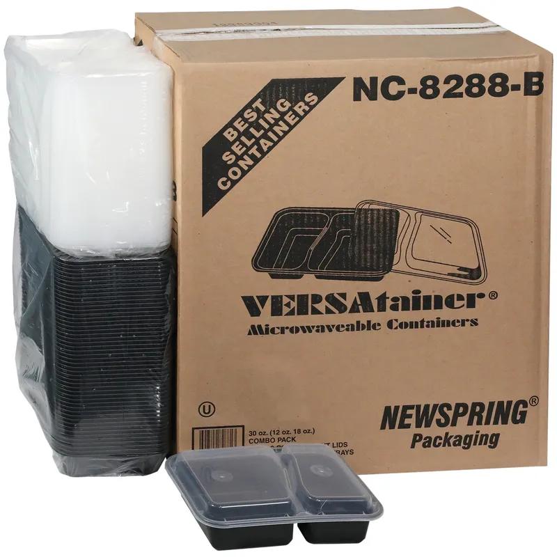 Take-Out Container Base & Lid Combo 30 OZ 2 Compartment PP Black Clear Rectangle 150/Case