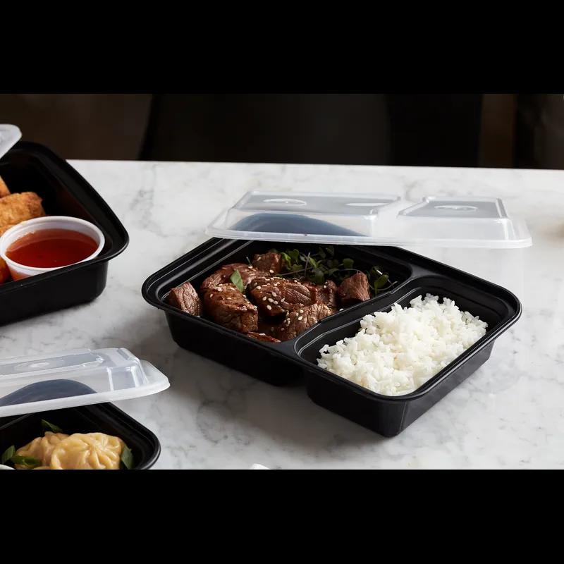 Take-Out Container Base & Lid Combo 30 OZ 2 Compartment PP Black Clear Rectangle 150/Case
