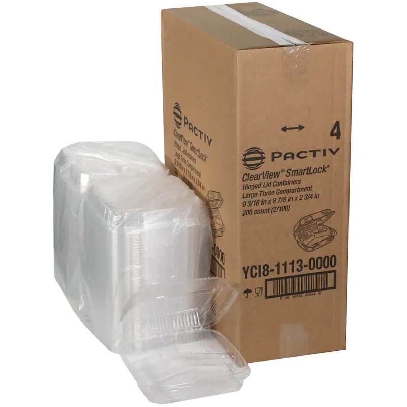 Take-Out Tray Hinged Large (LG) 9.2X8.9X2.9 IN 3 Compartment OPS Clear Square 200/Case