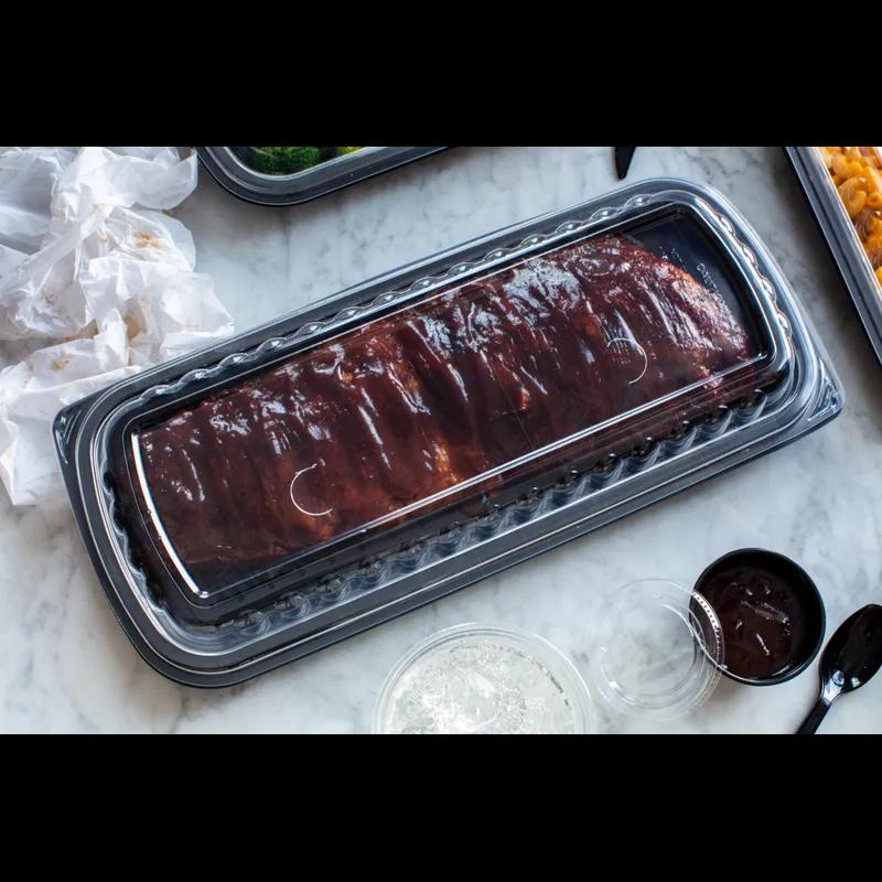 Full Slab Rib Take-Out Container Base & Lid Combo 41.9 OZ MFPP OPS Black Clear Rectangle Vented 80/Case