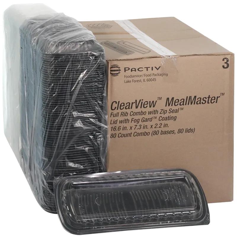 Full Slab Rib Take-Out Container Base & Lid Combo 41.9 OZ MFPP OPS Black Clear Rectangle Vented 80/Case