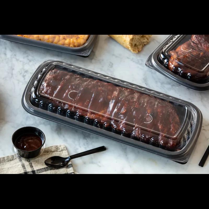 Full Slab Rib Take-Out Container Base & Lid Combo 41.9 OZ MFPP OPS Black Clear Rectangle Vented 80/Case