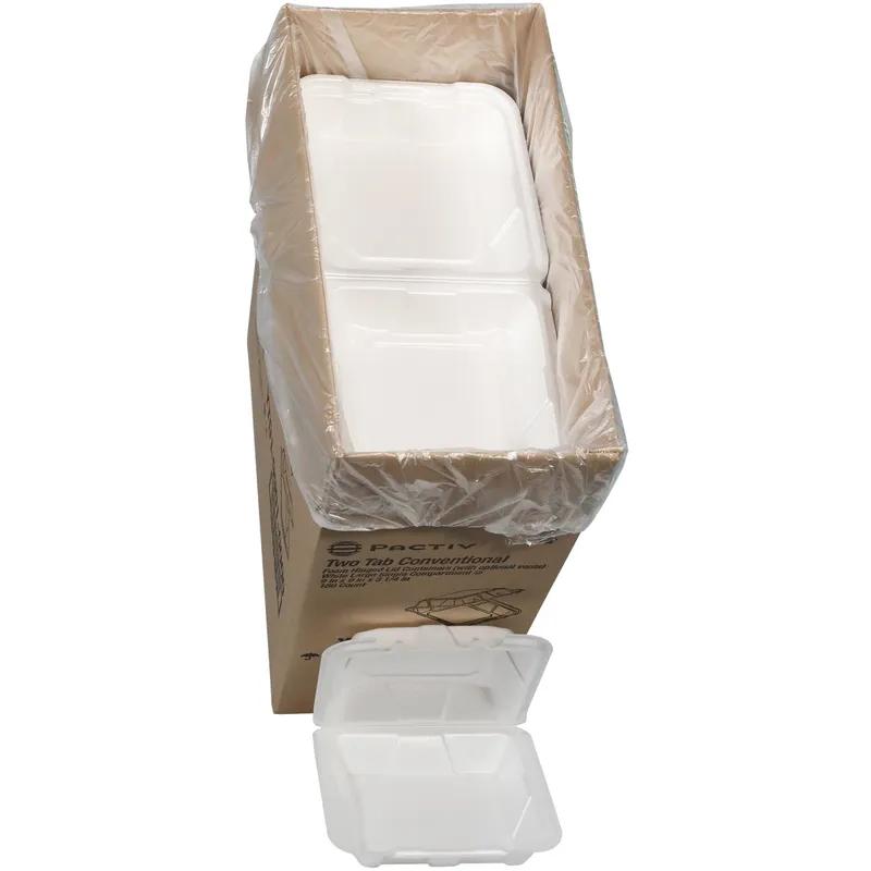 Take-Out Container Hinged 9.1X9X3.3 IN Polystyrene Foam White Square Closing Tabs 150/Case