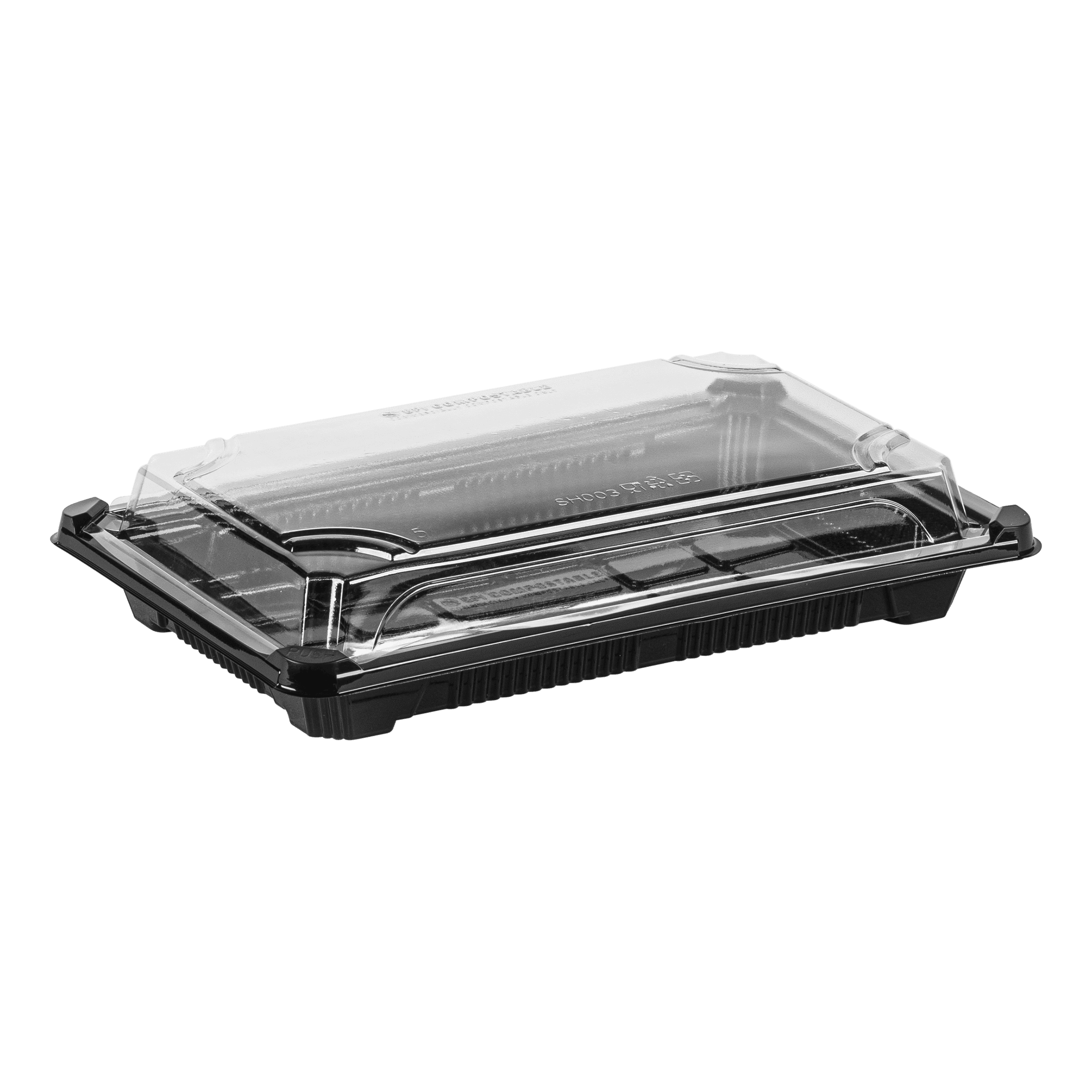 Stalk Market Sushi Take-Out Tray Base & Lid Combo 8.875X5.75X1.75 IN PLA Black Clear 300/Case