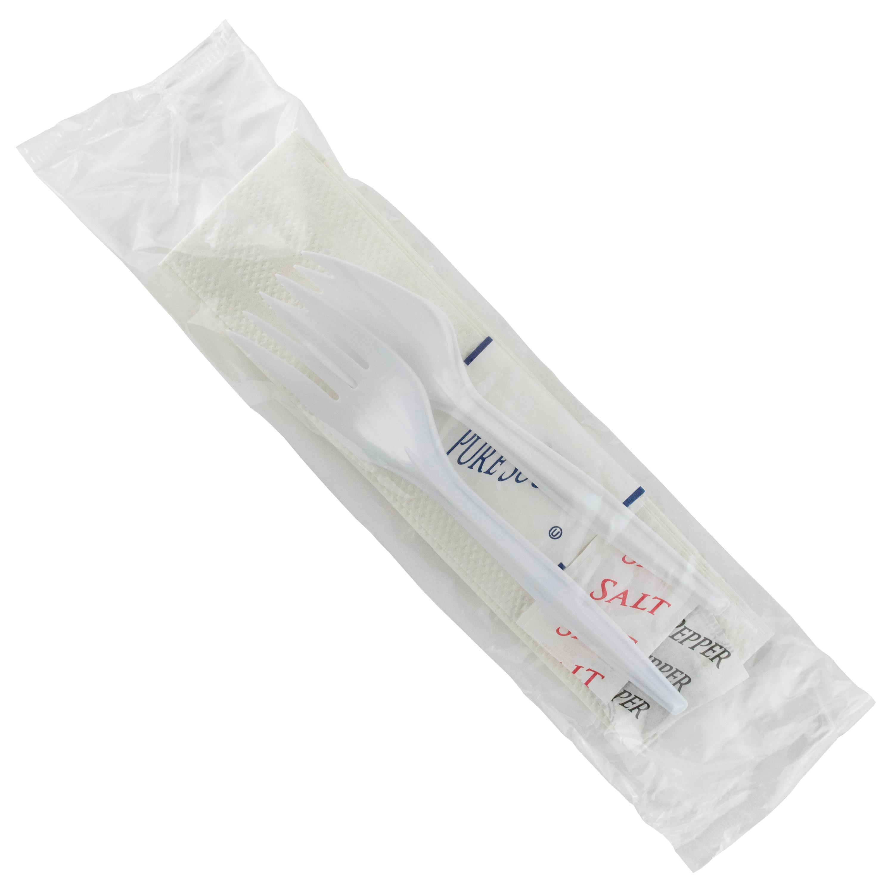 5PC Cutlery Kit White Medium Weight With 2PLY Napkin,Fork,Salt & Pepper,Sugar 250/Case