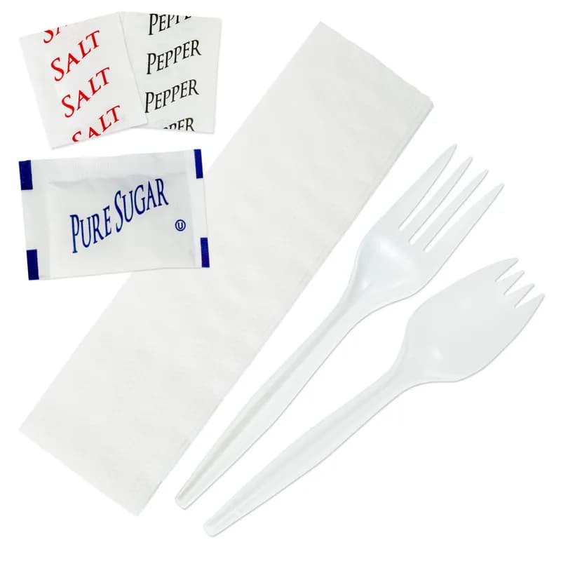 5PC Cutlery Kit White Medium Weight With 2PLY Napkin,Fork,Salt & Pepper,Sugar 250/Case