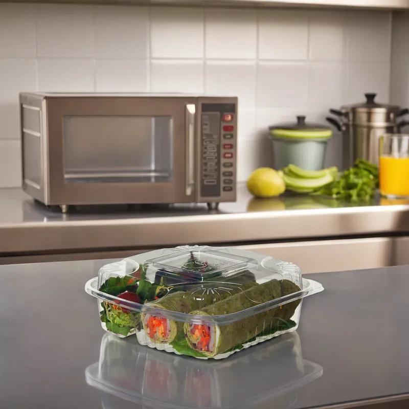 Take-Out Container Hinged 8X8X3 IN 3 Compartment PLA Clear Square 160/Case
