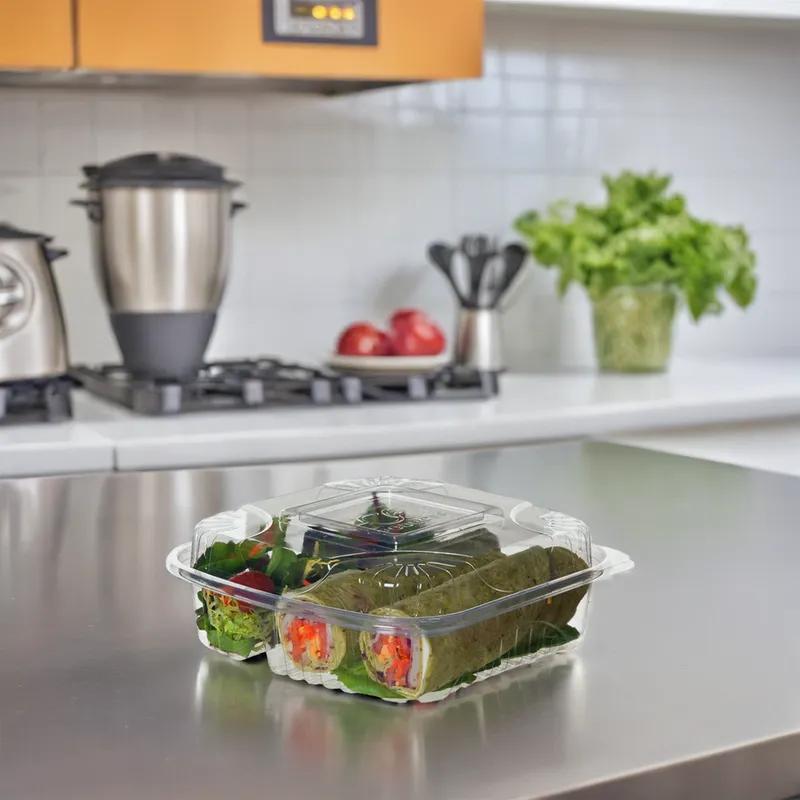 Take-Out Container Hinged 8X8X3 IN 3 Compartment PLA Clear Square 160/Case