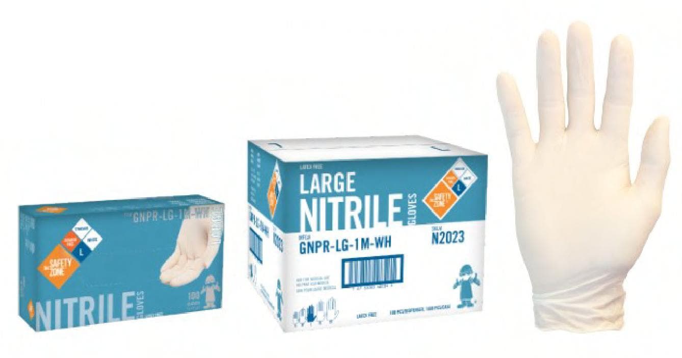 Safety Zone® Gloves Large (LG) White 4MIL Nitrile Powder-Free 100 Count/Box 10 Box/Case