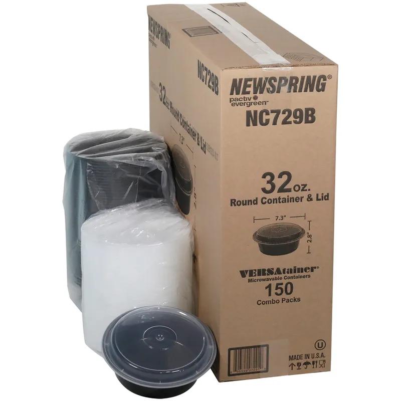 Take-Out Container Base & Lid Combo With Dome Lid 32 OZ PP Black Clear Round 150/Case