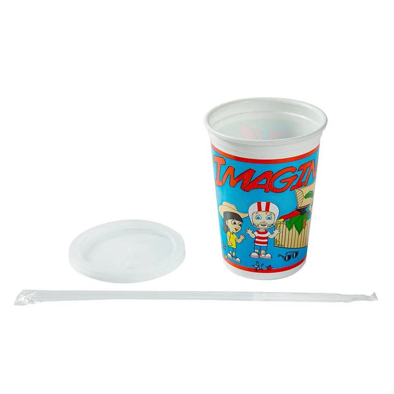 Cup, Lid & Straw Combo Kid With Flat Lid 12 OZ Plastic Multicolor Imagination 250 Count/Pack 1 Packs/Case 250 Count/Case
