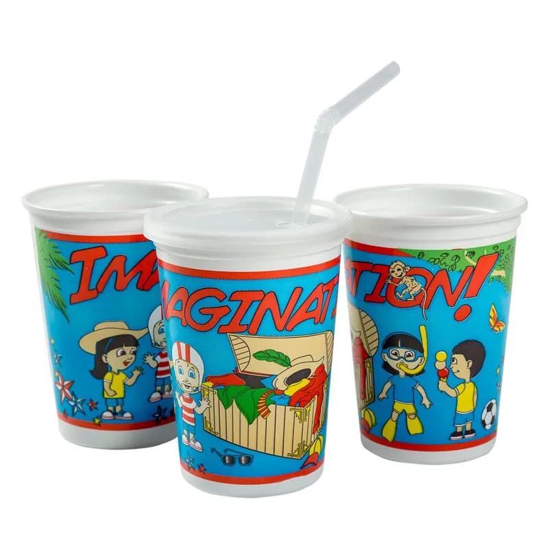 Cup, Lid & Straw Combo Kid With Flat Lid 12 OZ Plastic Multicolor Imagination 250 Count/Pack 1 Packs/Case 250 Count/Case