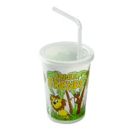 Cup, Lid & Straw Combo Kid With Flat Lid 12 OZ Plastic Multicolor Jungle 250 Count/Pack 1 Packs/Case 250 Count/Case