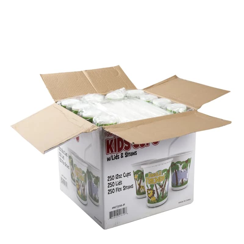 Cup, Lid & Straw Combo Kid With Flat Lid 12 OZ Plastic Multicolor Jungle 250 Count/Pack 1 Packs/Case 250 Count/Case
