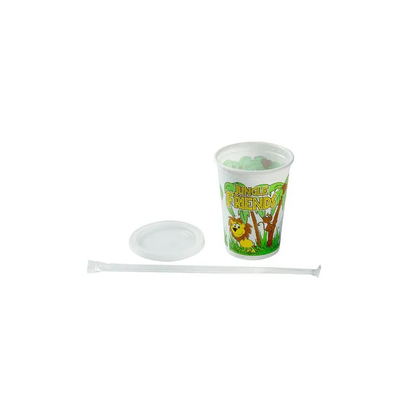 Cup, Lid & Straw Combo Kid With Flat Lid 12 OZ Plastic Multicolor Jungle 250 Count/Pack 1 Packs/Case 250 Count/Case